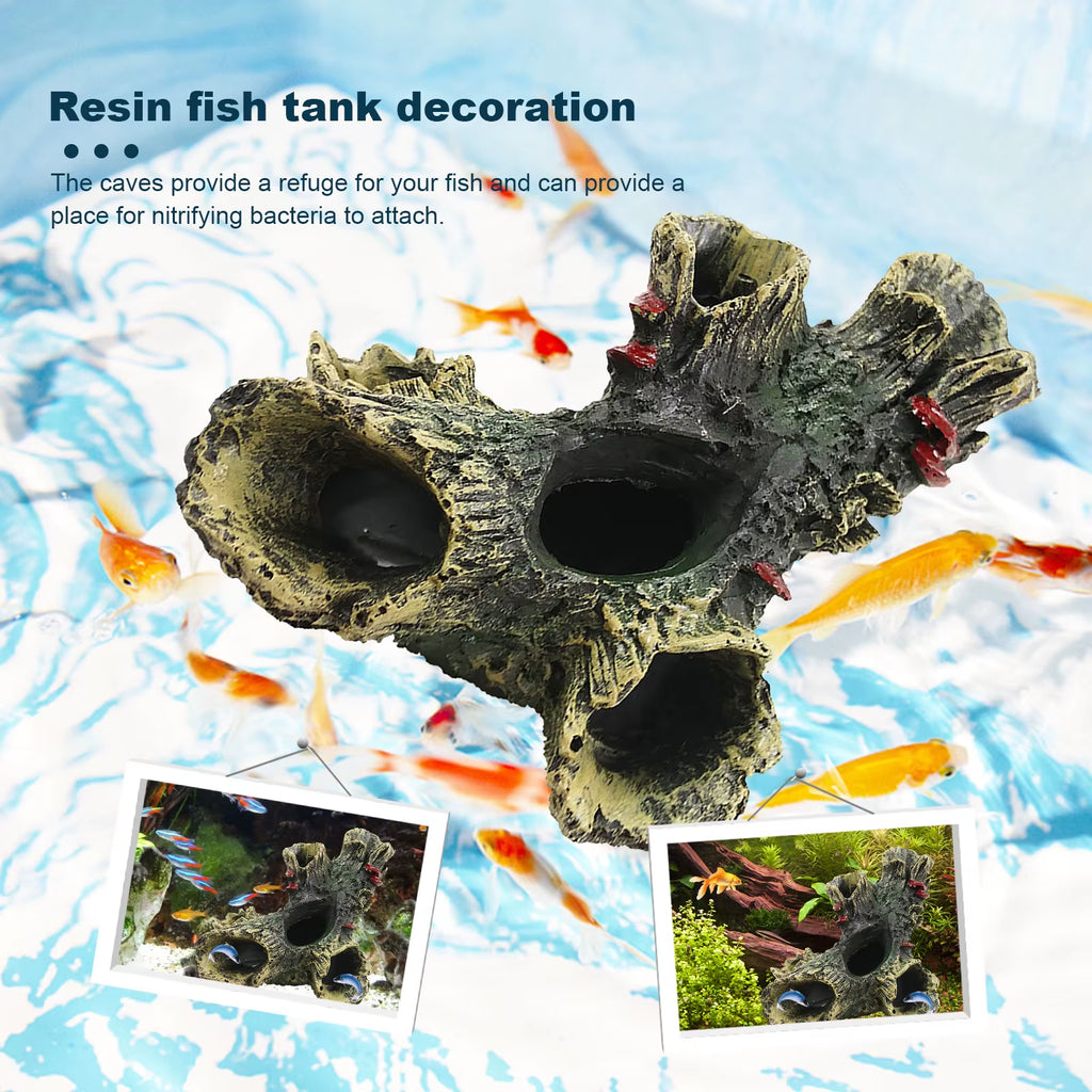 Aquarium Hollow Log Decor Multifunction Resin Fish Hiding Cave Non-Toxic Aquarium Dead Wood Decoration for Fish Tank Aquarium