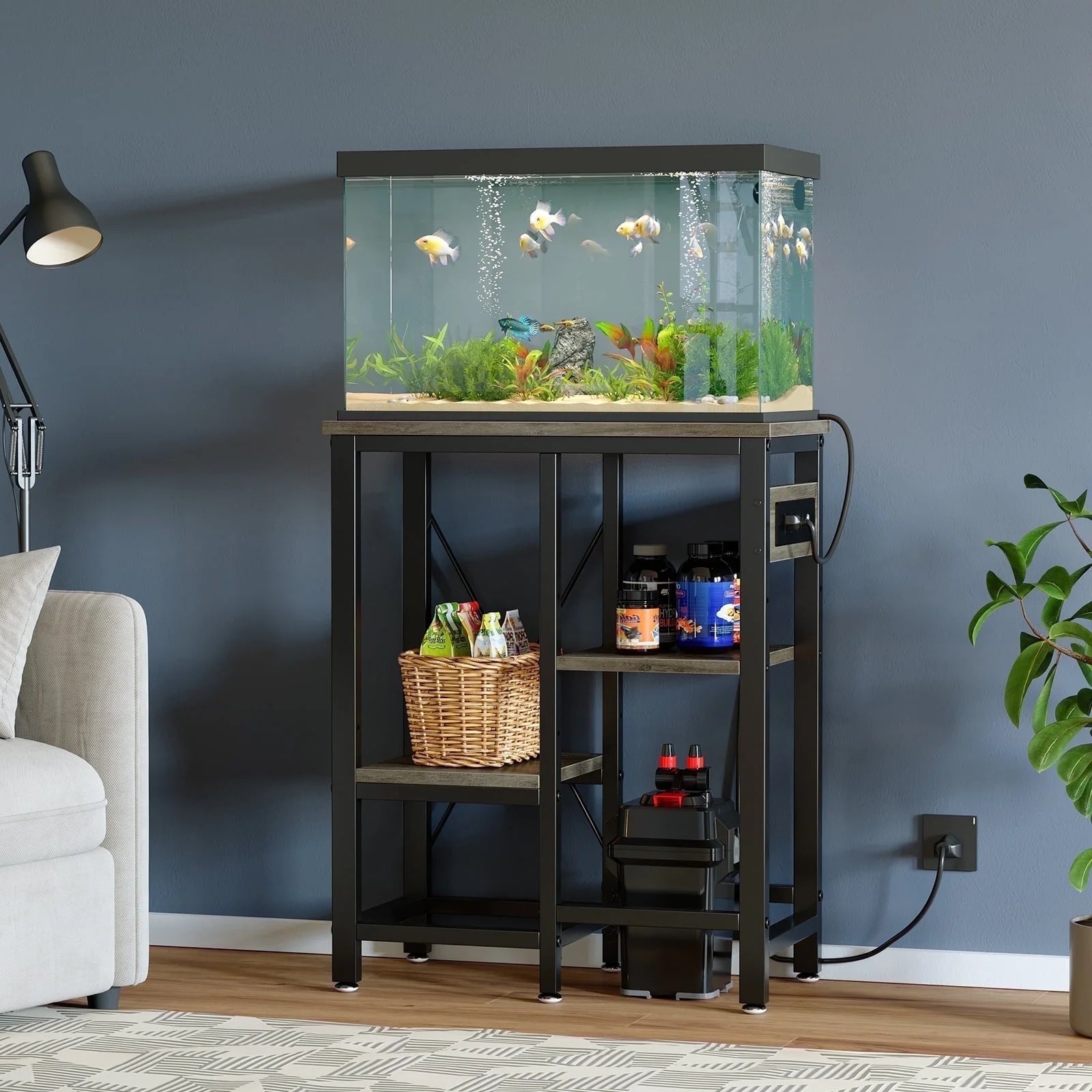 10 Gallon Fish Aquarium Tank Stand with Power Outlets, 3-Tier Heavy Duty Metal Reptile Stand Reversible Storage Shelf