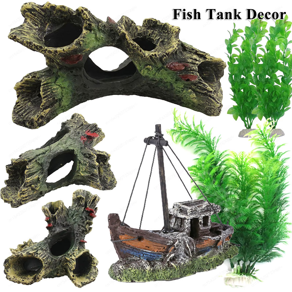 Aquarium Hollow Log Decor Multifunction Resin Fish Hiding Cave Non-Toxic Aquarium Dead Wood Decoration for Fish Tank Aquarium