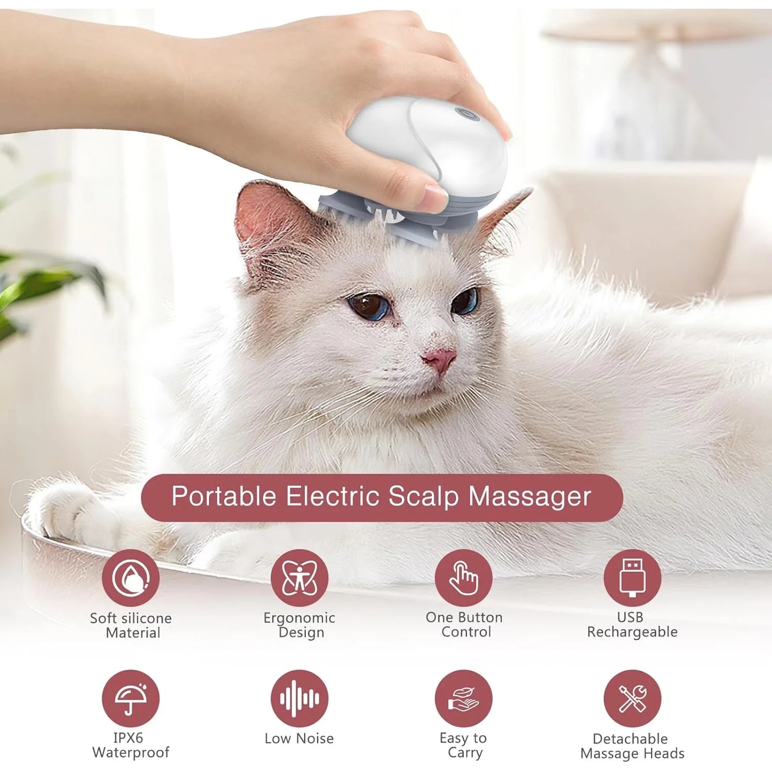 Handheld Pet Massager for Dogs and Cats, Electric Pet Massager with 4 Massage Heads, Portable Waterproof Scalp Massager for Relieving Tight Stiffness Muscles, Promote Bonding