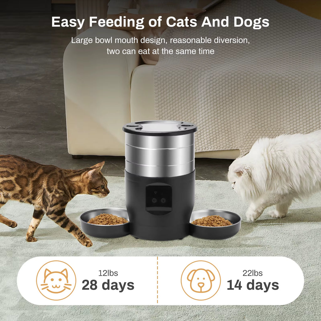 4.5L Automatic Cat Feeder with Wifi Button Smart Pet Cat/Dogs Food Dispenser Two Stainless Steel Bowls Feeder Pet Supplies