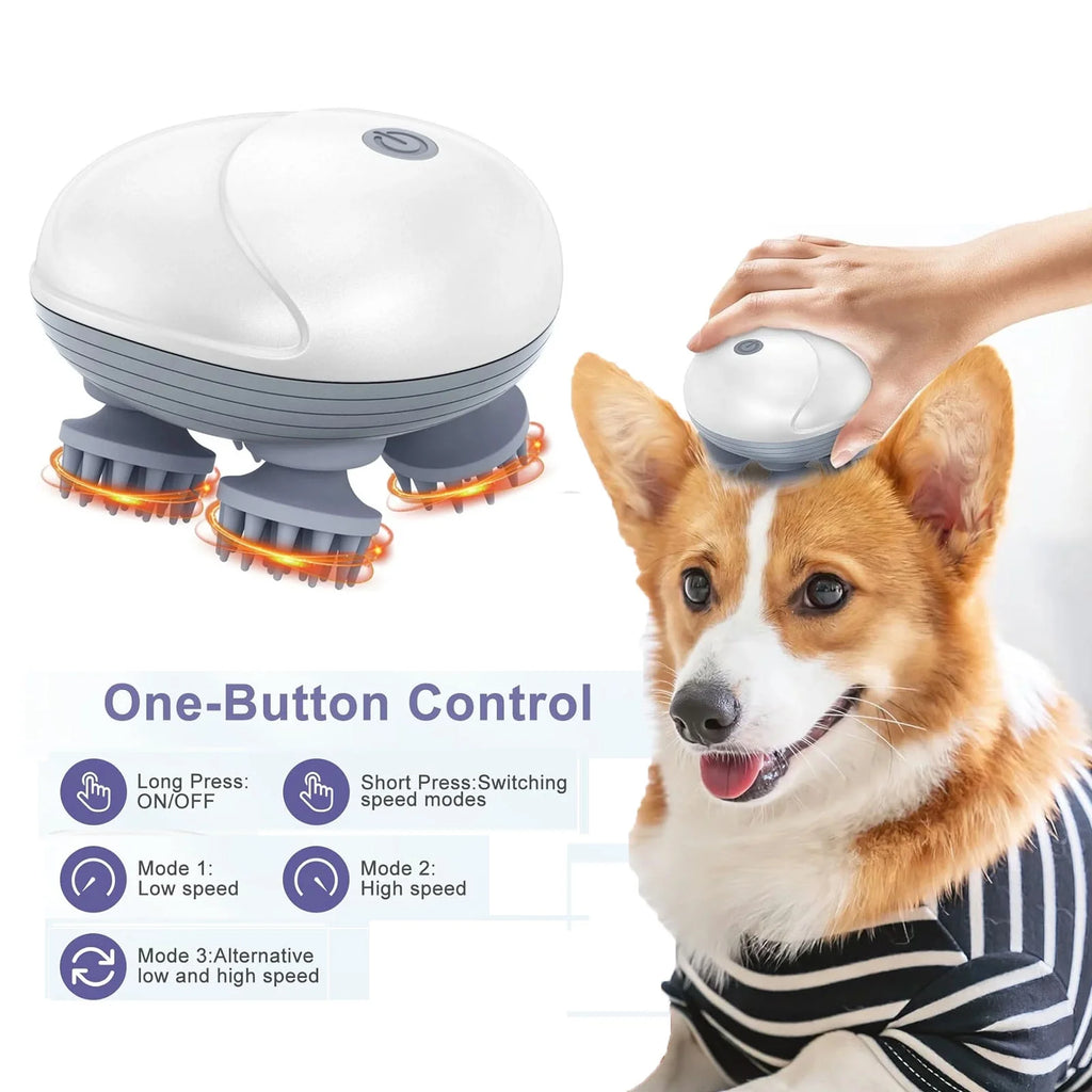 Handheld Pet Massager for Dogs and Cats, Electric Pet Massager with 4 Massage Heads, Portable Waterproof Scalp Massager for Relieving Tight Stiffness Muscles, Promote Bonding