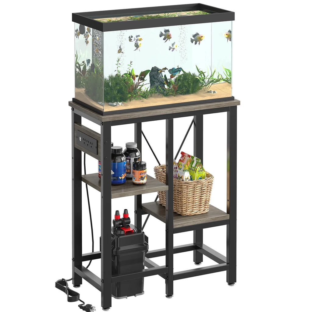 10 Gallon Fish Aquarium Tank Stand with Power Outlets, 3-Tier Heavy Duty Metal Reptile Stand Reversible Storage Shelf