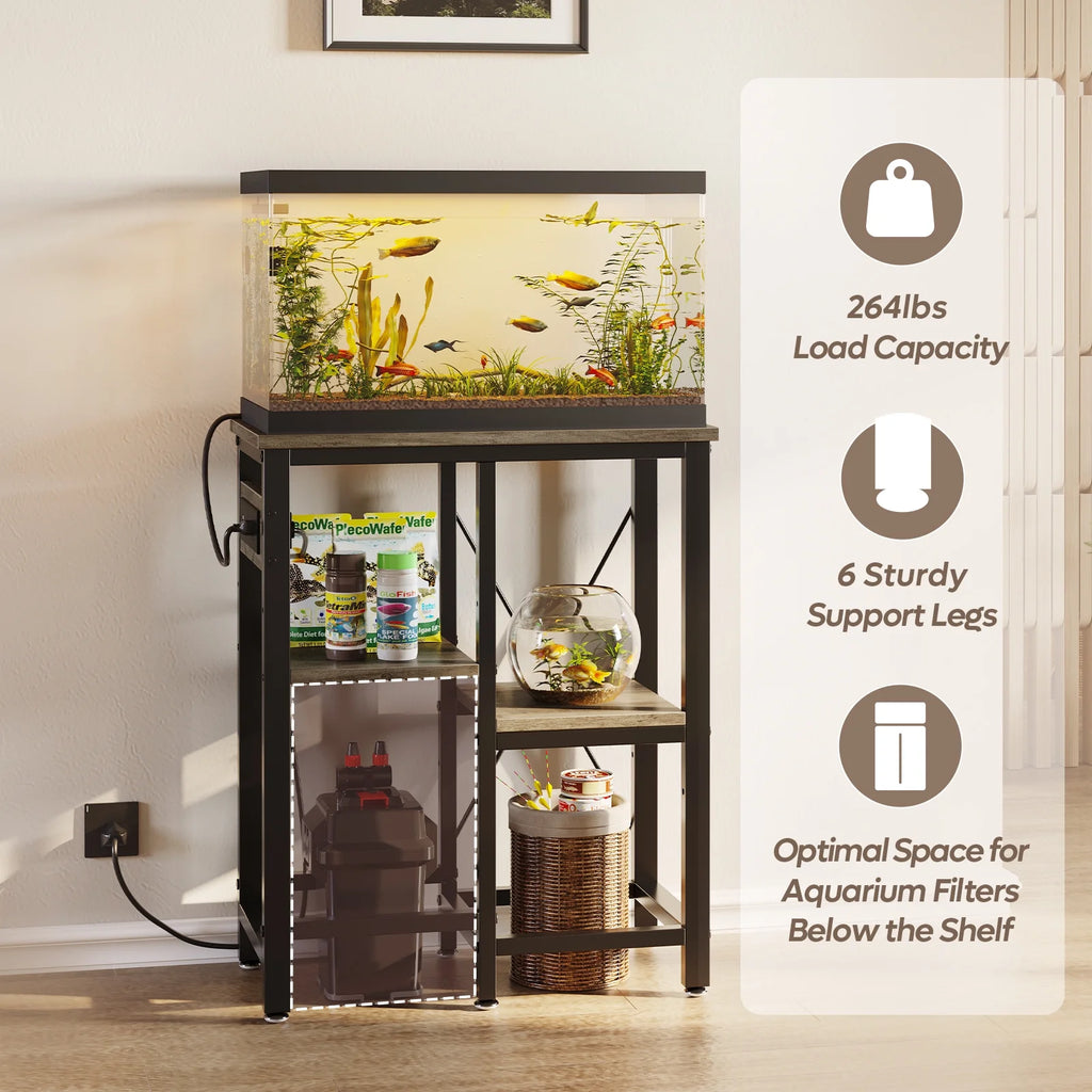 10 Gallon Fish Aquarium Tank Stand with Power Outlets, 3-Tier Heavy Duty Metal Reptile Stand Reversible Storage Shelf