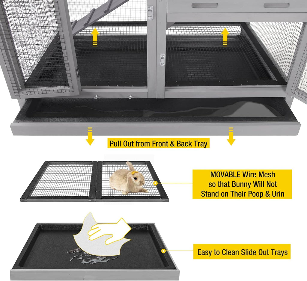 Rabbit Hutch, Indoor Bunny Cage with Run Outdoor Rabbit House with Two Deeper No Leak Trays - 4 Casters Include (Grey)