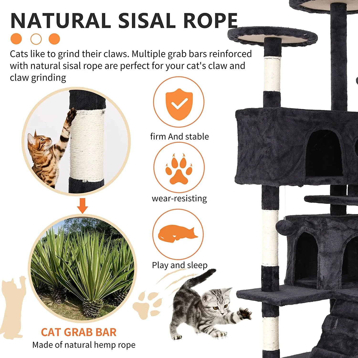 54In Cat Tree Tower, Scratch Posts, Condo, Toys, Dark Gray, Perfect for Active Cats