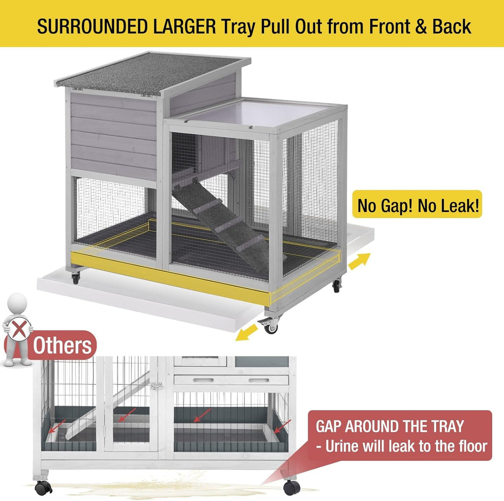 Rabbit Hutch, Indoor Bunny Cage with Run Outdoor Rabbit House with Two Deeper No Leak Trays - 4 Casters Include (Grey)