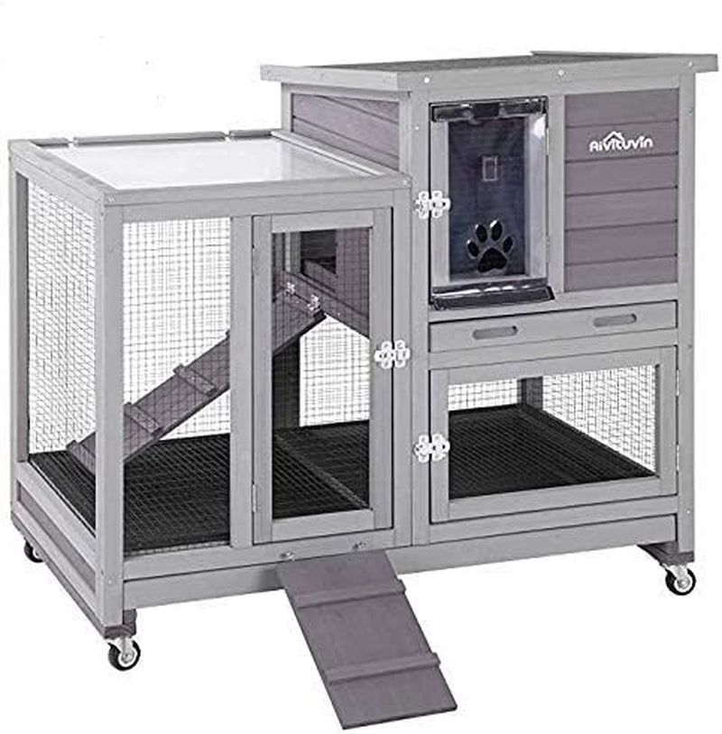 Rabbit Hutch, Indoor Bunny Cage with Run Outdoor Rabbit House with Two Deeper No Leak Trays - 4 Casters Include (Grey)