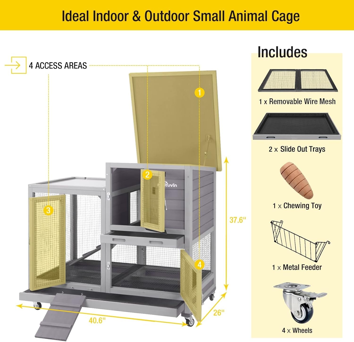 Rabbit Hutch, Indoor Bunny Cage with Run Outdoor Rabbit House with Two Deeper No Leak Trays - 4 Casters Include (Grey)