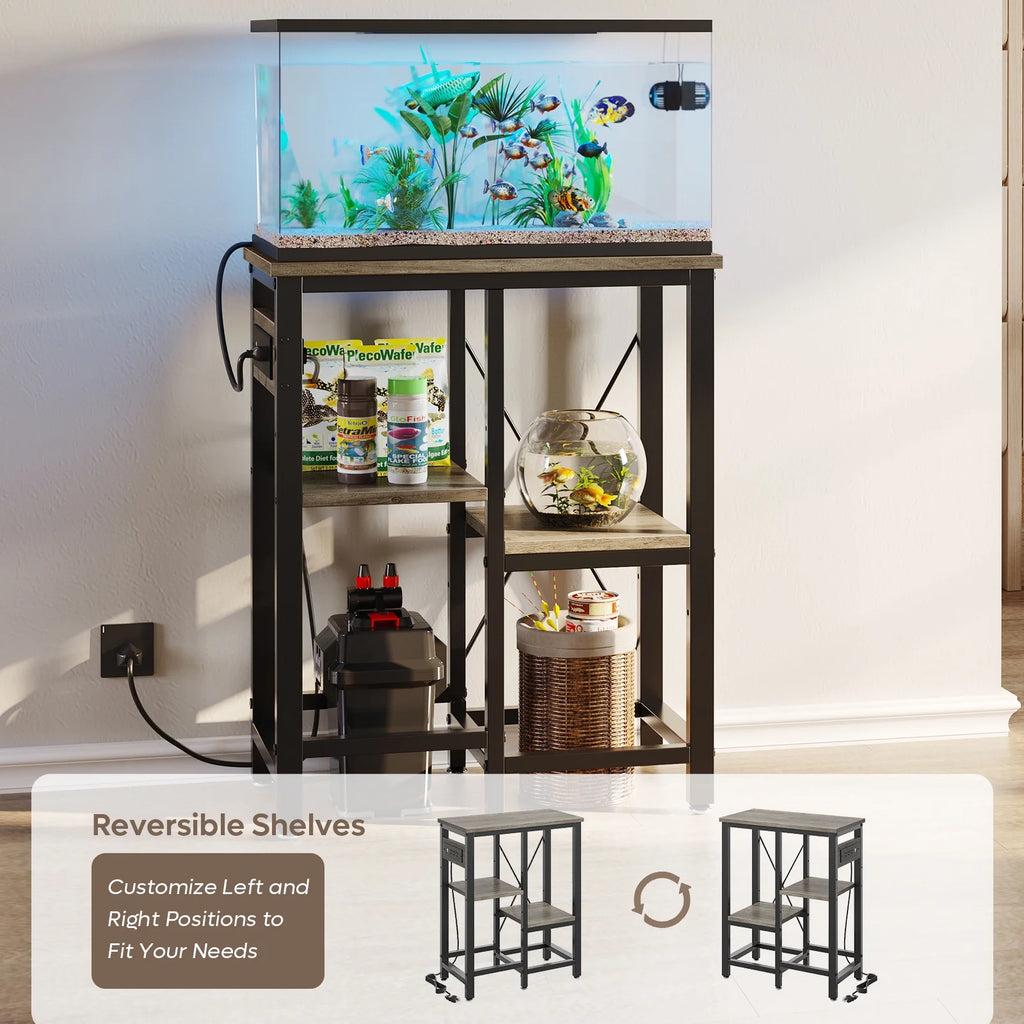 10 Gallon Fish Aquarium Tank Stand with Power Outlets, 3-Tier Heavy Duty Metal Reptile Stand Reversible Storage Shelf