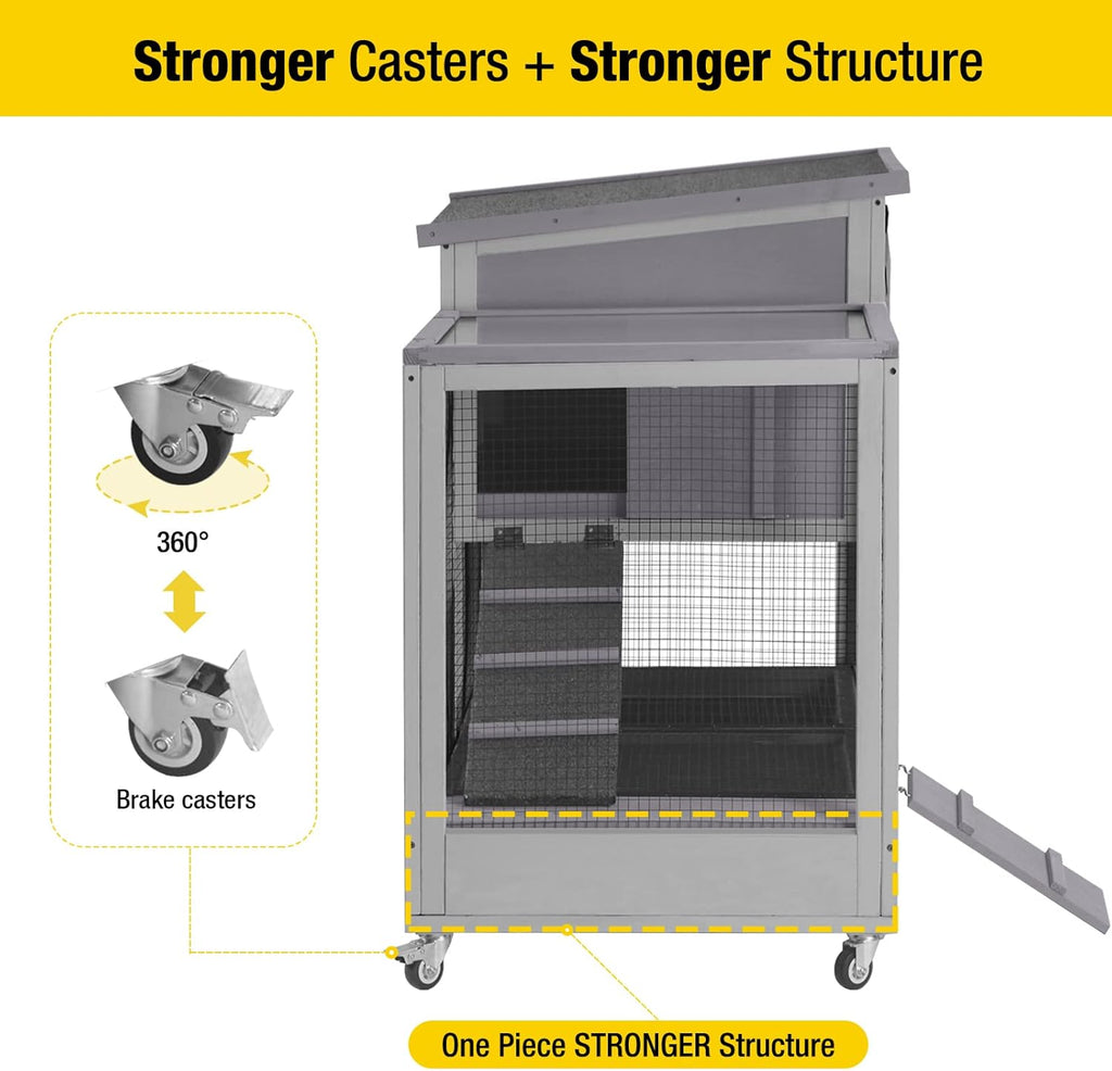 Rabbit Hutch, Indoor Bunny Cage with Run Outdoor Rabbit House with Two Deeper No Leak Trays - 4 Casters Include (Grey)
