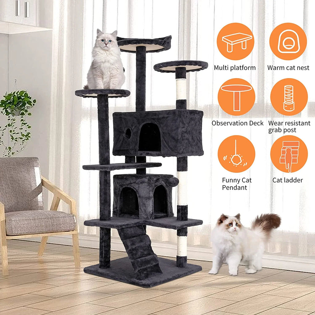 54In Cat Tree Tower, Scratch Posts, Condo, Toys, Dark Gray, Perfect for Active Cats